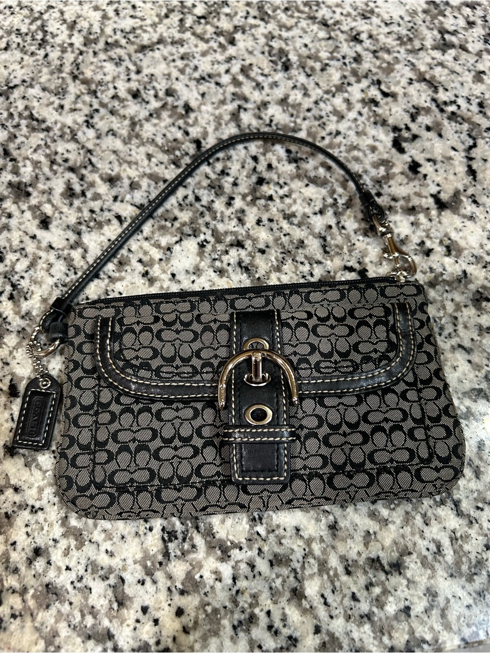 Coach Black & Gray Signature Canvas Wristlet with Buckle Accent